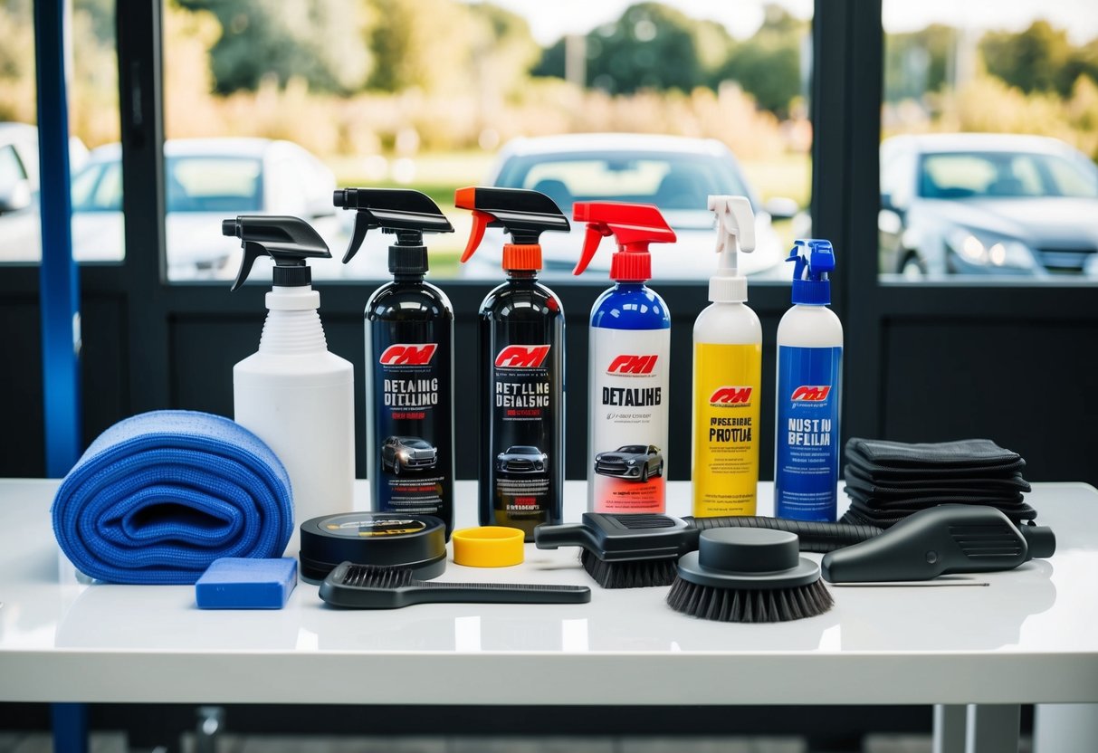 A collection of car detailing tools and accessories neatly arranged on a clean workbench, with various products and supplies for achieving a showroom shine