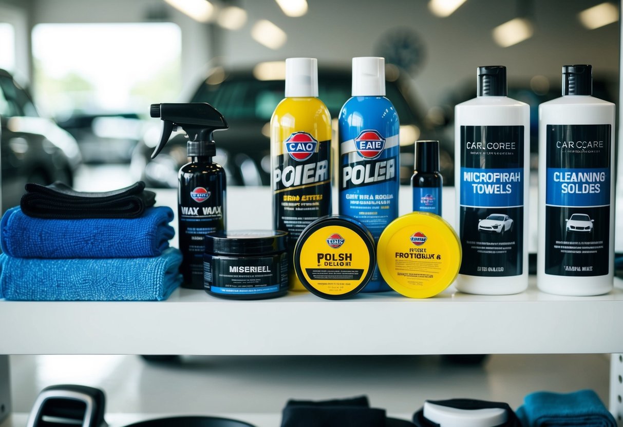A collection of car care products arranged neatly on a shelf, including wax, polish, microfiber towels, and cleaning solutions