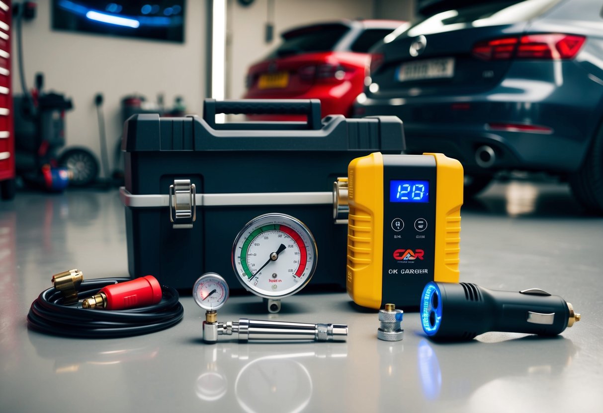 A car enthusiast's garage filled with essential tools and gadgets, including a sleek toolbox, tire pressure gauge, portable air compressor, and multipurpose car charger