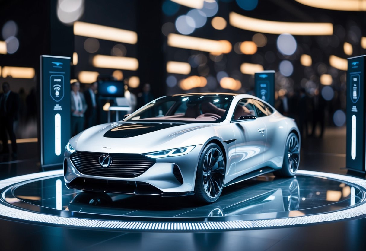 A sleek, futuristic car surrounded by cutting-edge safety technology and advanced automotive gadgets