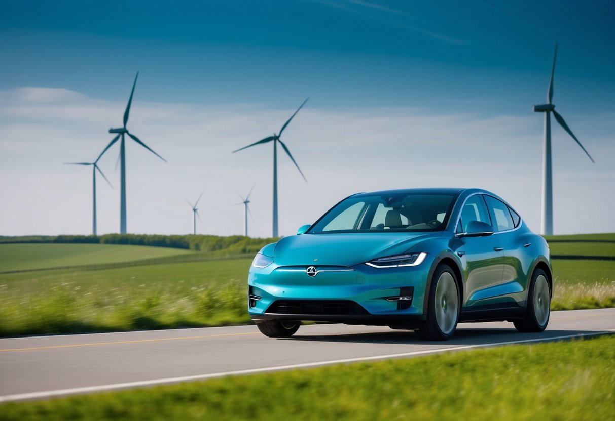 A sleek electric car driving through a lush, green landscape with wind turbines in the background