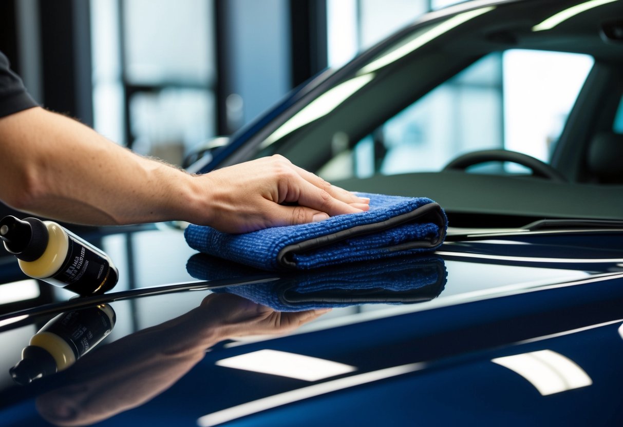 A shiny car being meticulously polished with a microfiber cloth and professional-grade car care products, with the reflection of the surroundings visible on the glossy surface