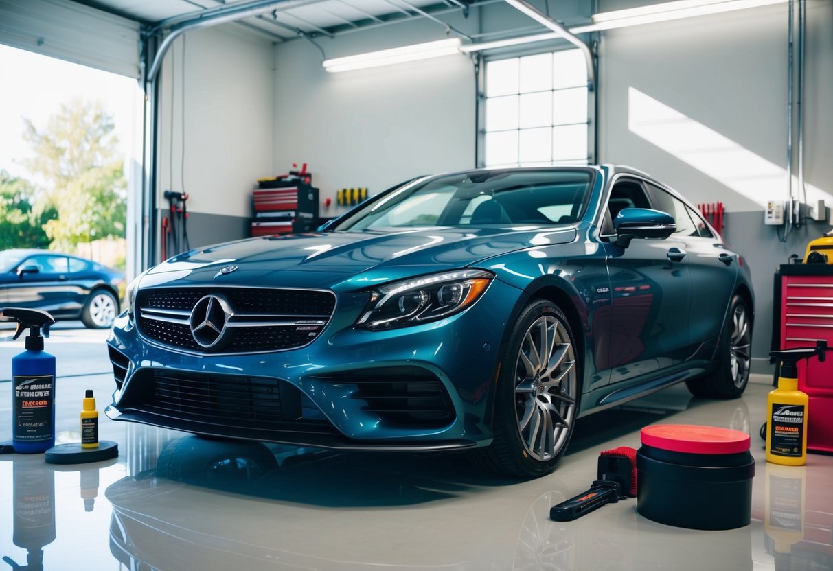 A gleaming car parked in a spotless garage, surrounded by professional-grade car care products and tools. The sunlight streams in, highlighting the showroom shine of the vehicle's polished exterior