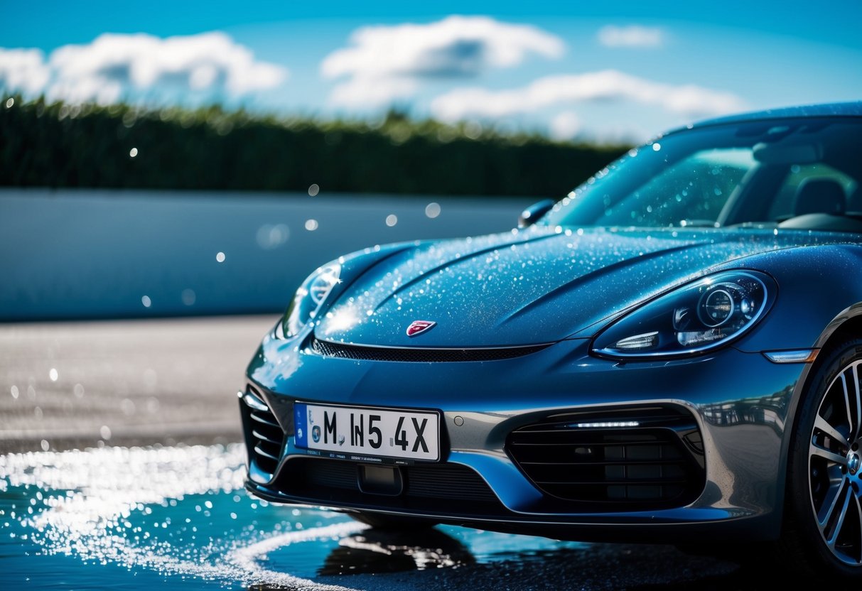 A sleek, shiny car sits under a clear blue sky, surrounded by sparkling water droplets and a protective sealant coating