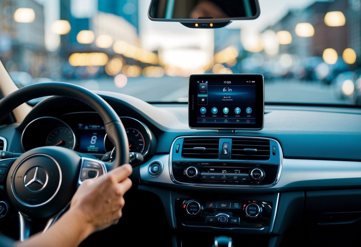 A car dashboard with multiple high-tech gadgets and devices, including a GPS navigation system, smartphone charger, and Bluetooth connectivity