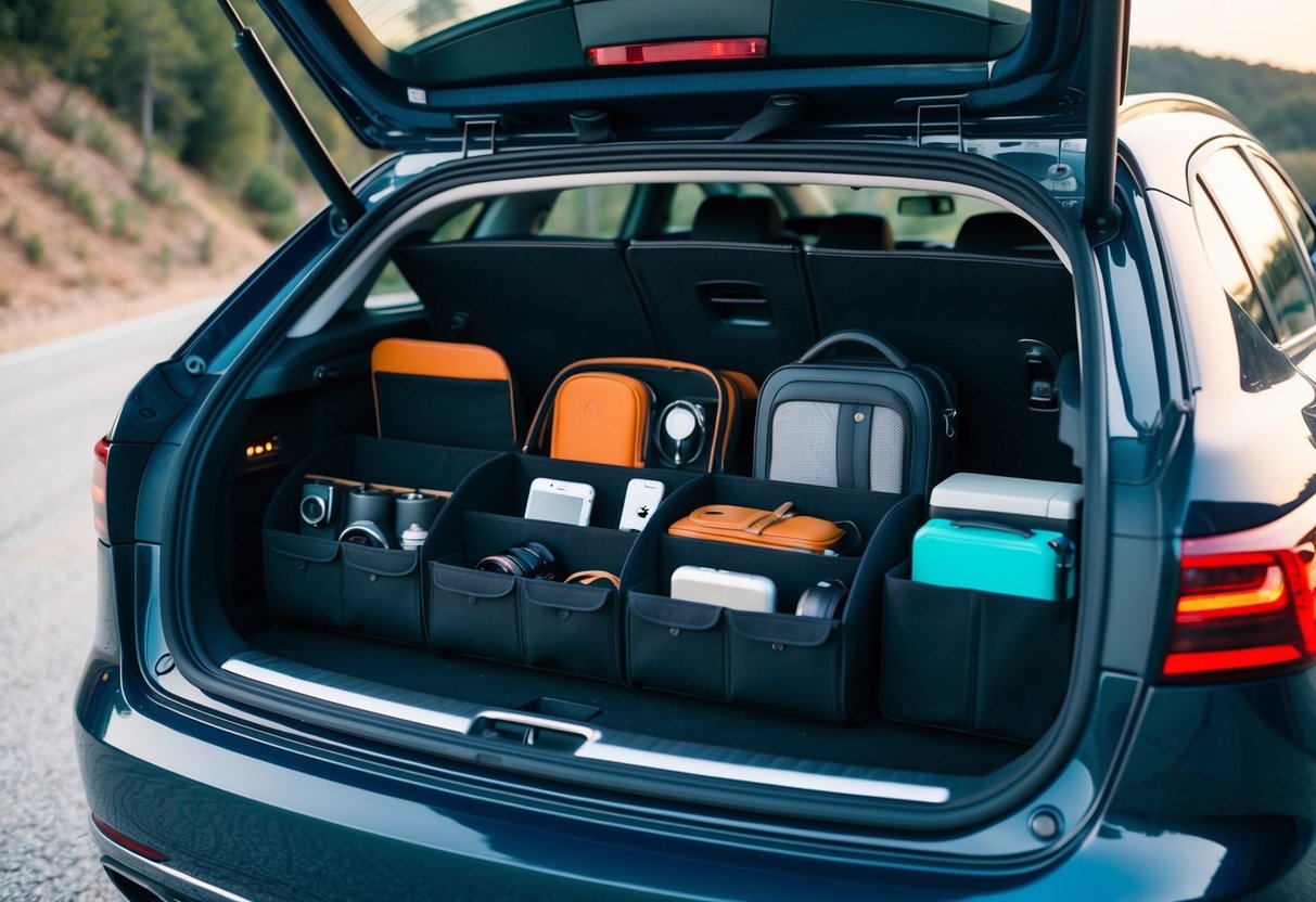 A car trunk filled with neatly organized and maximized storage compartments for various gadgets and accessories for a road trip in 2024