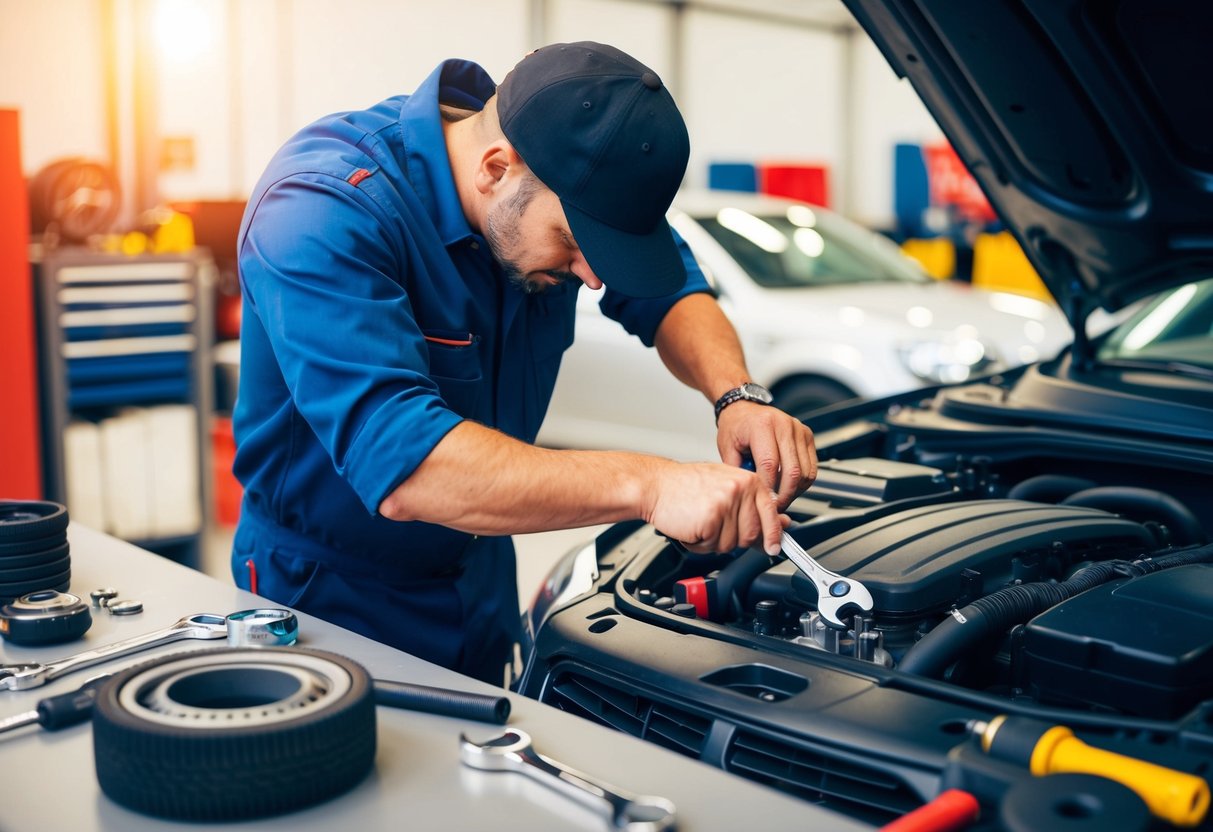 A mechanic adjusting car engine settings with a wrench, surrounded by various tools and car parts on a clean, organized workbench