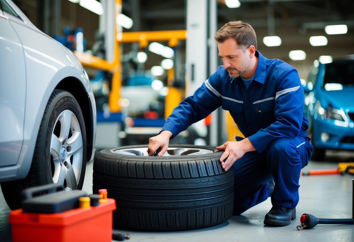 A mechanic inspecting and changing a car tire, surrounded by tools and equipment