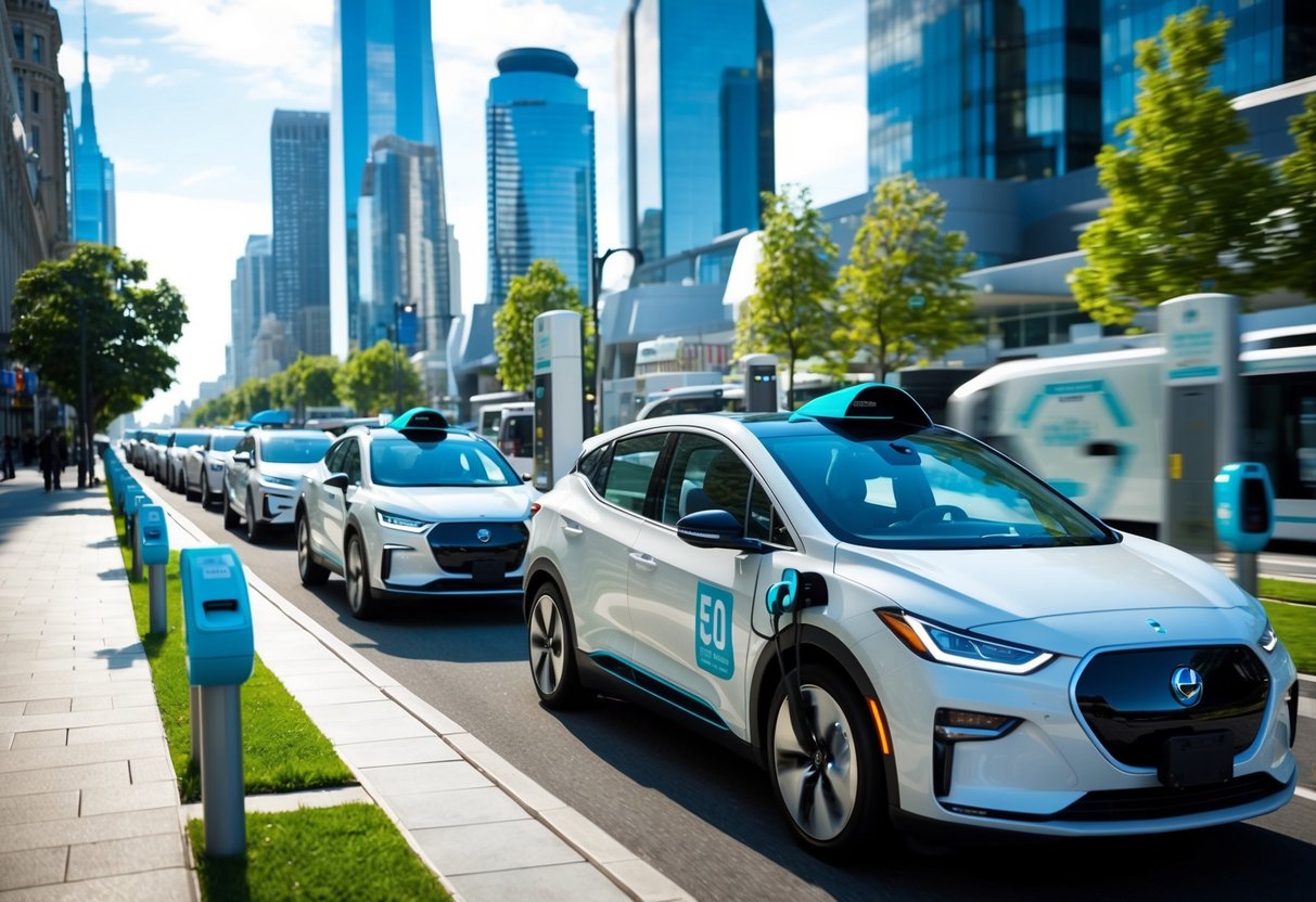 A bustling city street with sleek electric vehicles zipping by, charging stations lining the sidewalks, and a backdrop of futuristic skyscrapers