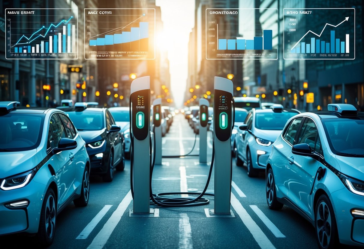 A bustling city street filled with electric vehicles, charging stations, and futuristic car designs, surrounded by graphs and charts showing market growth and economic impact