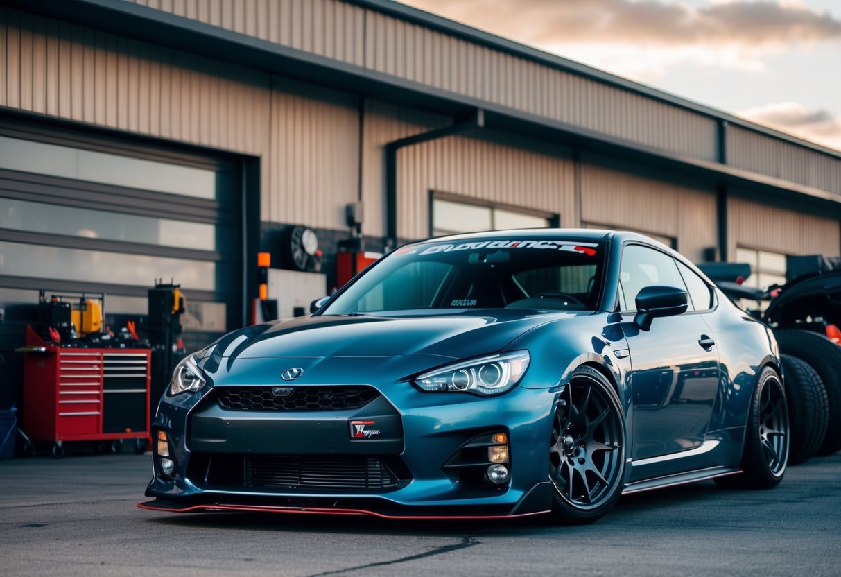 A car with visible upgrades like a new exhaust system, turbocharger, and performance tires, parked in front of a mechanic's workshop