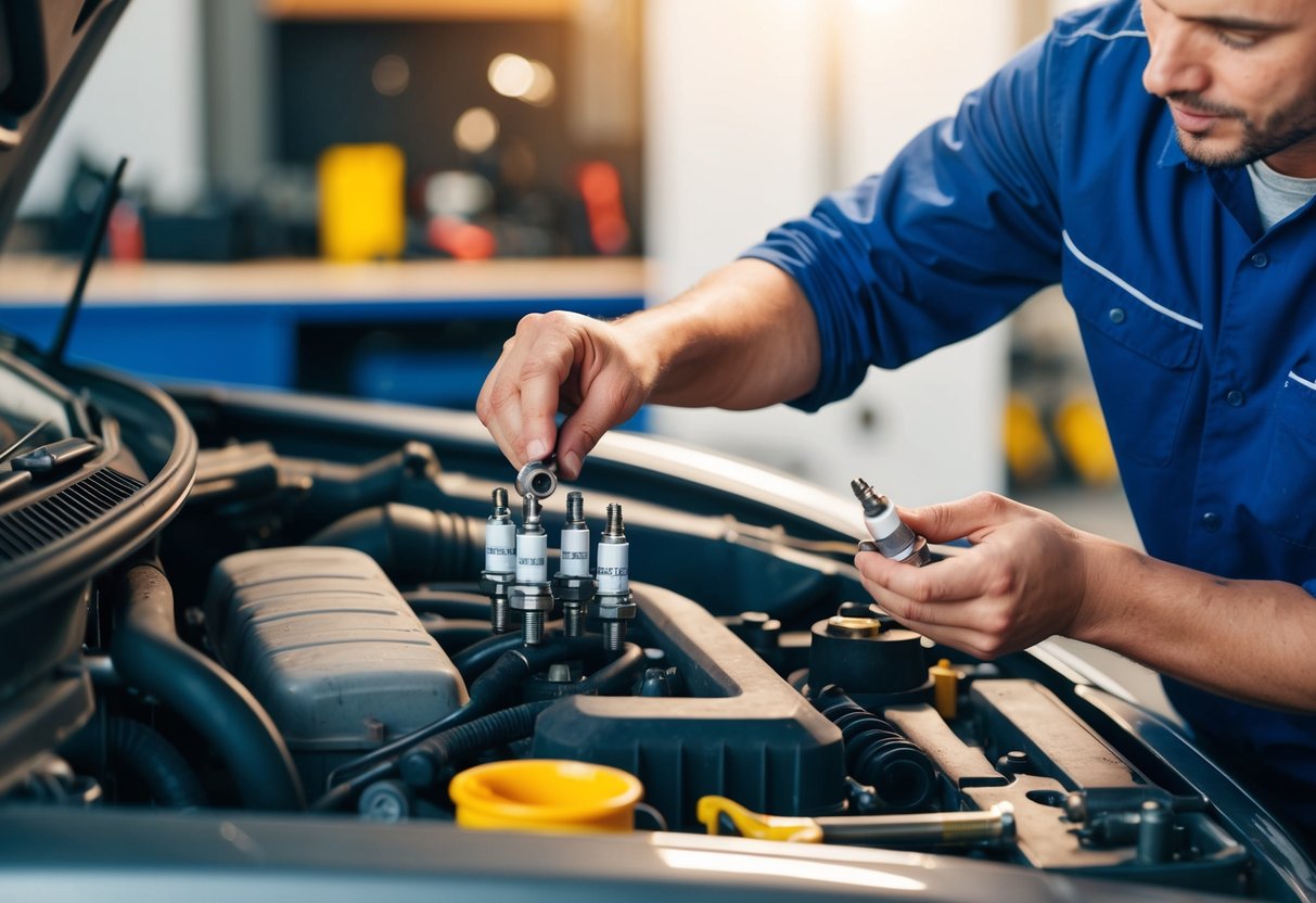 A mechanic swapping out old spark plugs for new ones in a car engine, surrounded by various tools and parts on a workbench