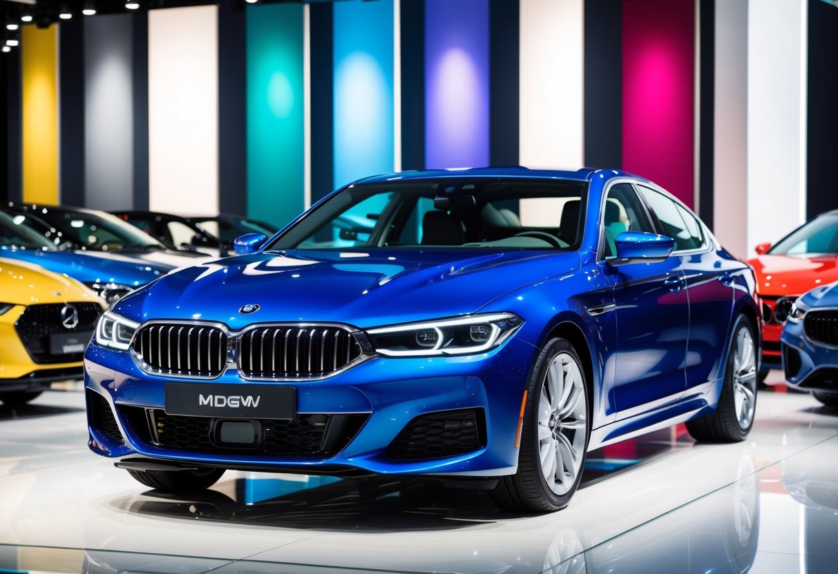 A sleek, modern car in a showroom, surrounded by a variety of vibrant and sophisticated colors, reflecting the psychology of car color choices and personality