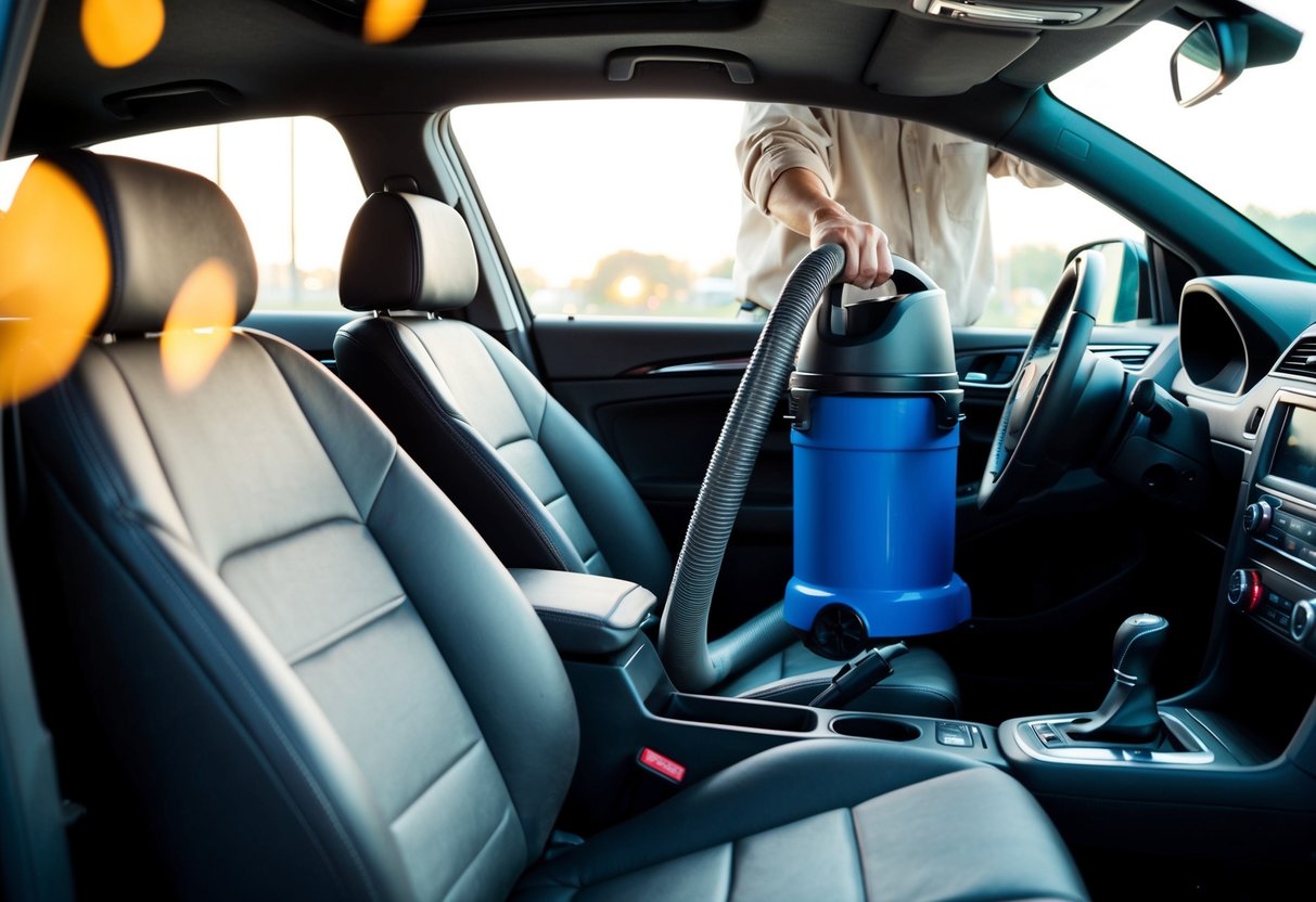 A person using a vacuum and upholstery cleaner to clean car seats and interior surfaces