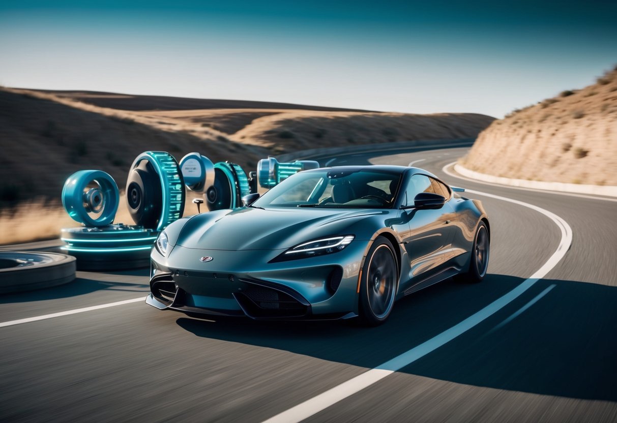 A sleek, modern car speeding down a winding road, surrounded by futuristic gear and technology designed to enhance performance and efficiency