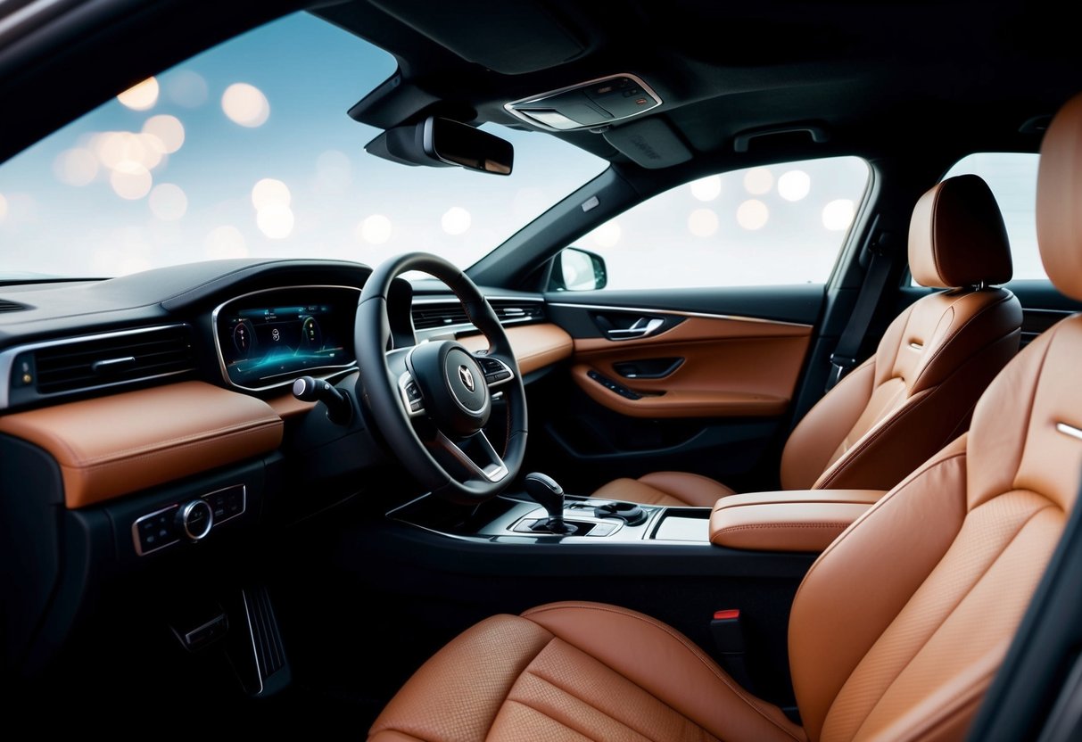 A sleek, modern car interior with plush leather seats, high-tech dashboard, and state-of-the-art driving accessories