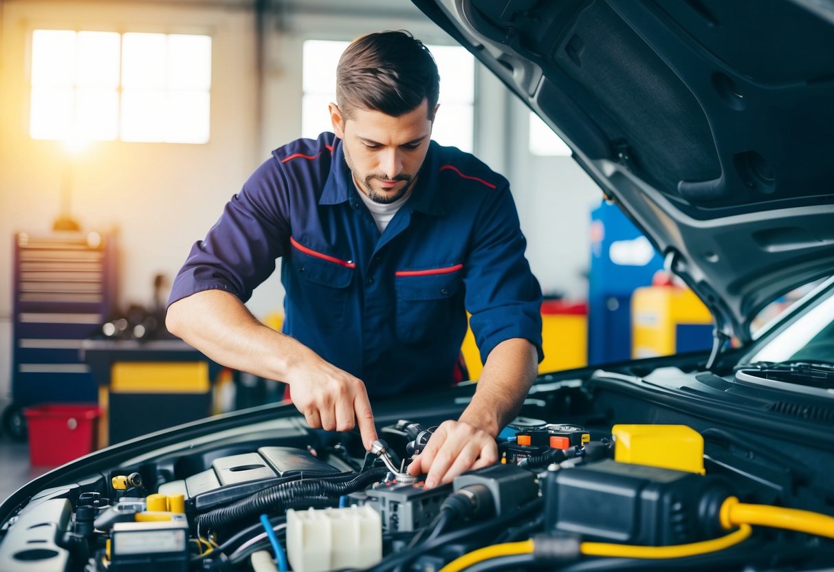 A mechanic surrounded by various electrical components and tools, working under the hood of a car with bright overhead lighting