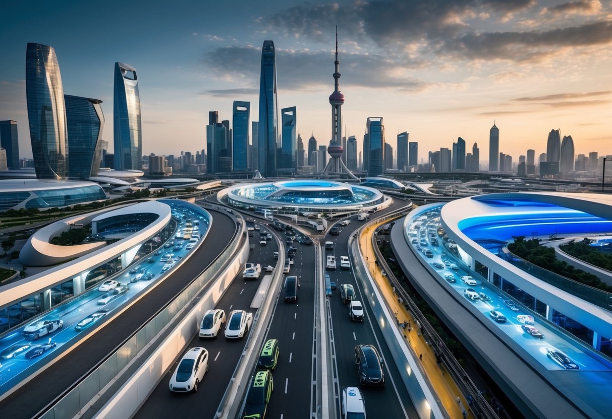 A bustling cityscape with futuristic transportation systems and cutting-edge automotive technologies on display at a high-tech convention center