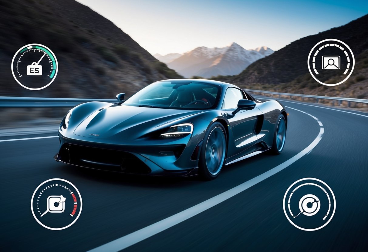 A sleek, high-speed car zooming through a winding road with a mountain backdrop, surrounded by digital speedometers and search engine icons
