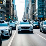 A bustling city street with sleek autonomous vehicles navigating smoothly among traditional cars, showcasing the integration of modern technology into everyday life