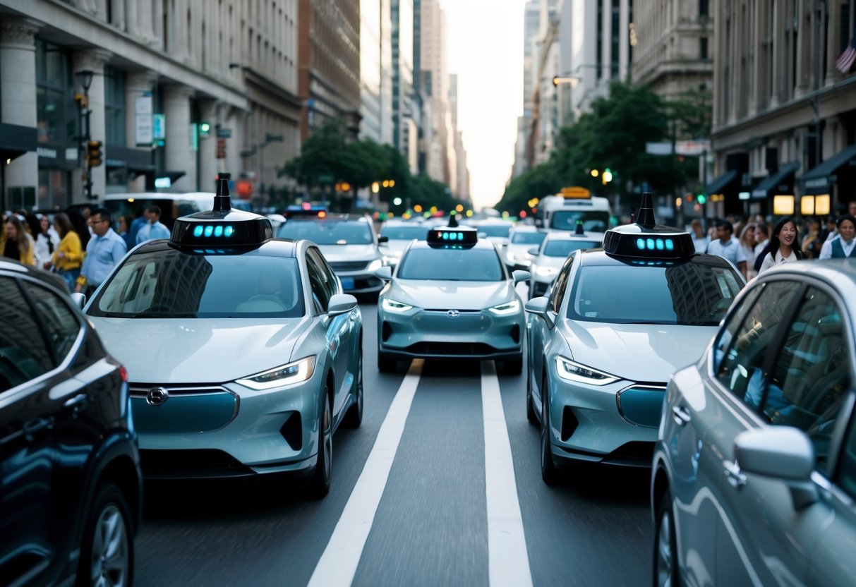 A bustling city street with sleek, self-driving cars navigating smoothly amidst pedestrians and traditional vehicles. The futuristic vehicles exude a sense of efficiency and innovation
