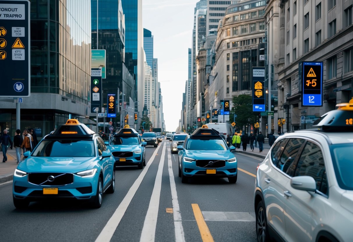 A city street with autonomous vehicles navigating safely among pedestrians and other traffic, while regulations and safety guidelines are displayed on billboards and electronic signs