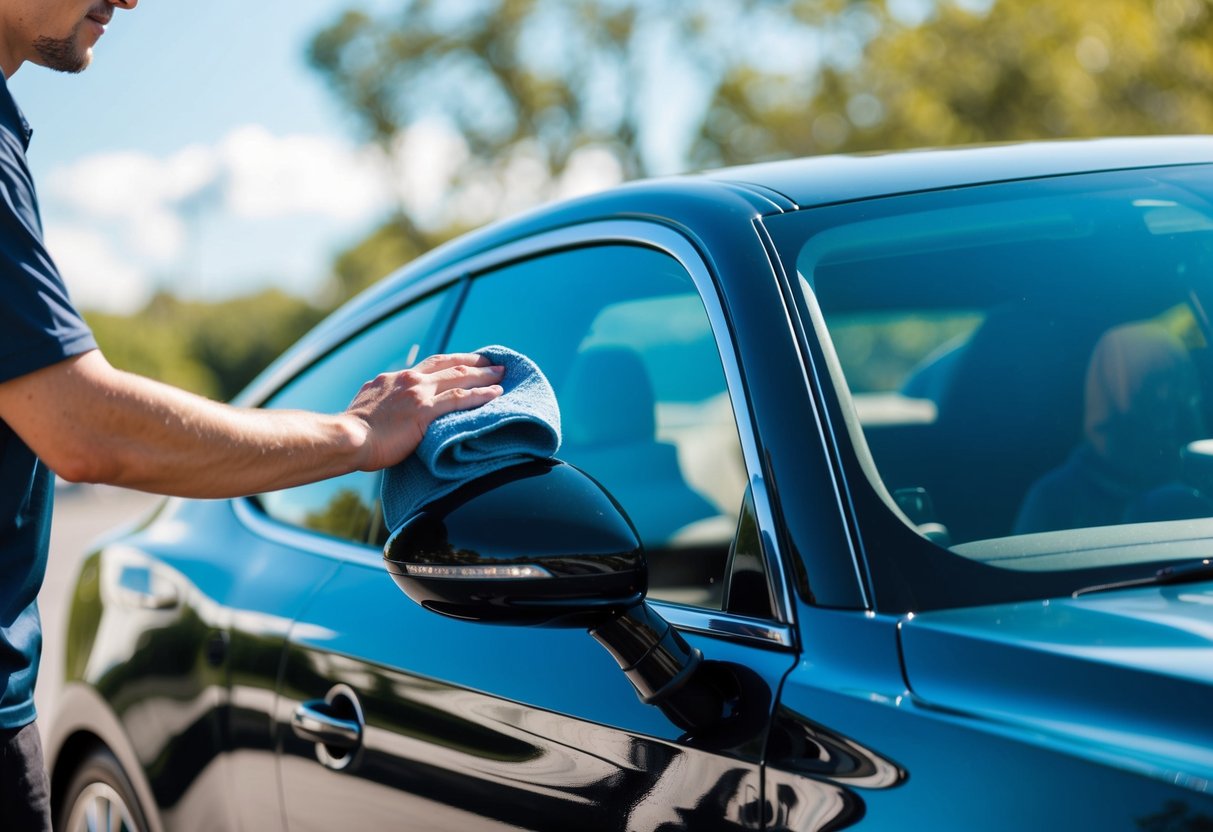 A sunny day, a gleaming car, a person using a soft cloth to meticulously dry every inch of the vehicle's exterior