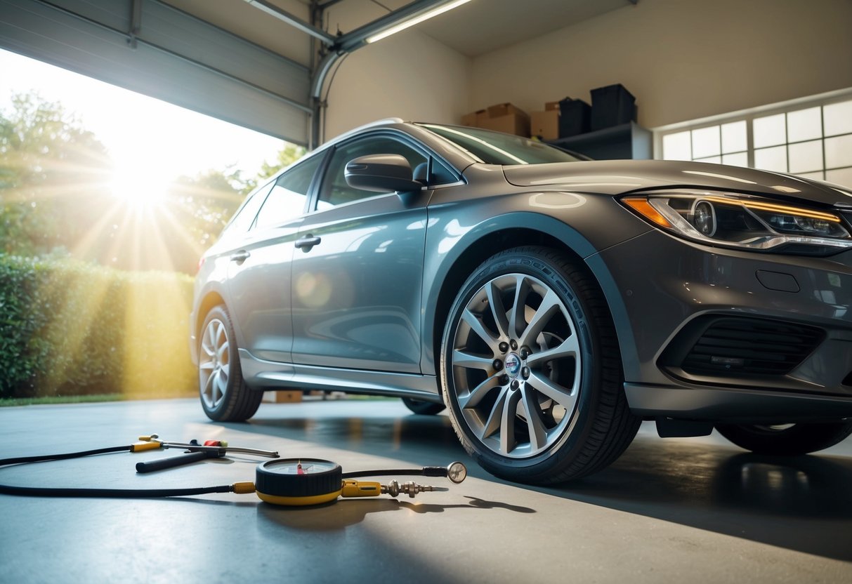 A car parked in a garage with all-season tires being checked and inflated. Tools and tire pressure gauge nearby. Sunshine streaming through the window