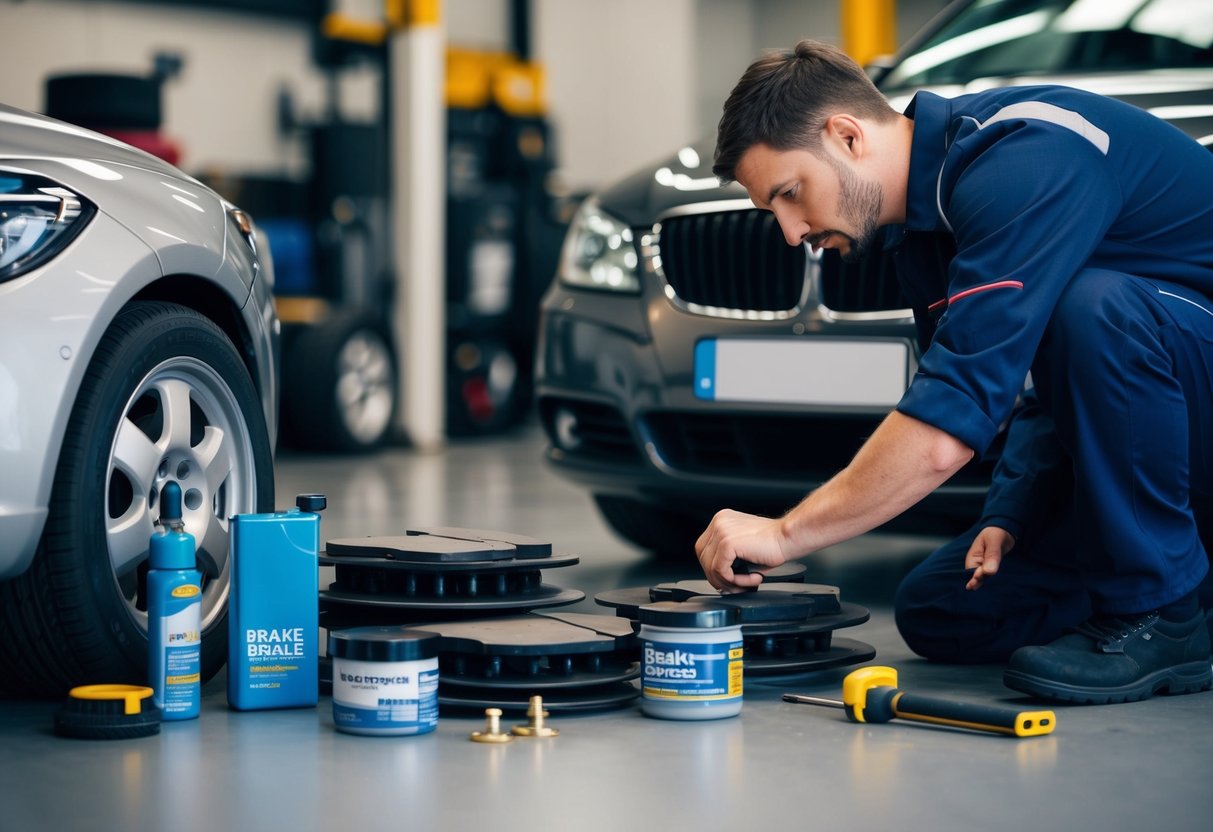 A mechanic inspecting brake pads on a car, surrounded by various tools and tire care products