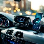 A sleek car dashboard adorned with high-tech music gadgets and accessories, including a state-of-the-art sound system, digital music player, and stylish phone mount