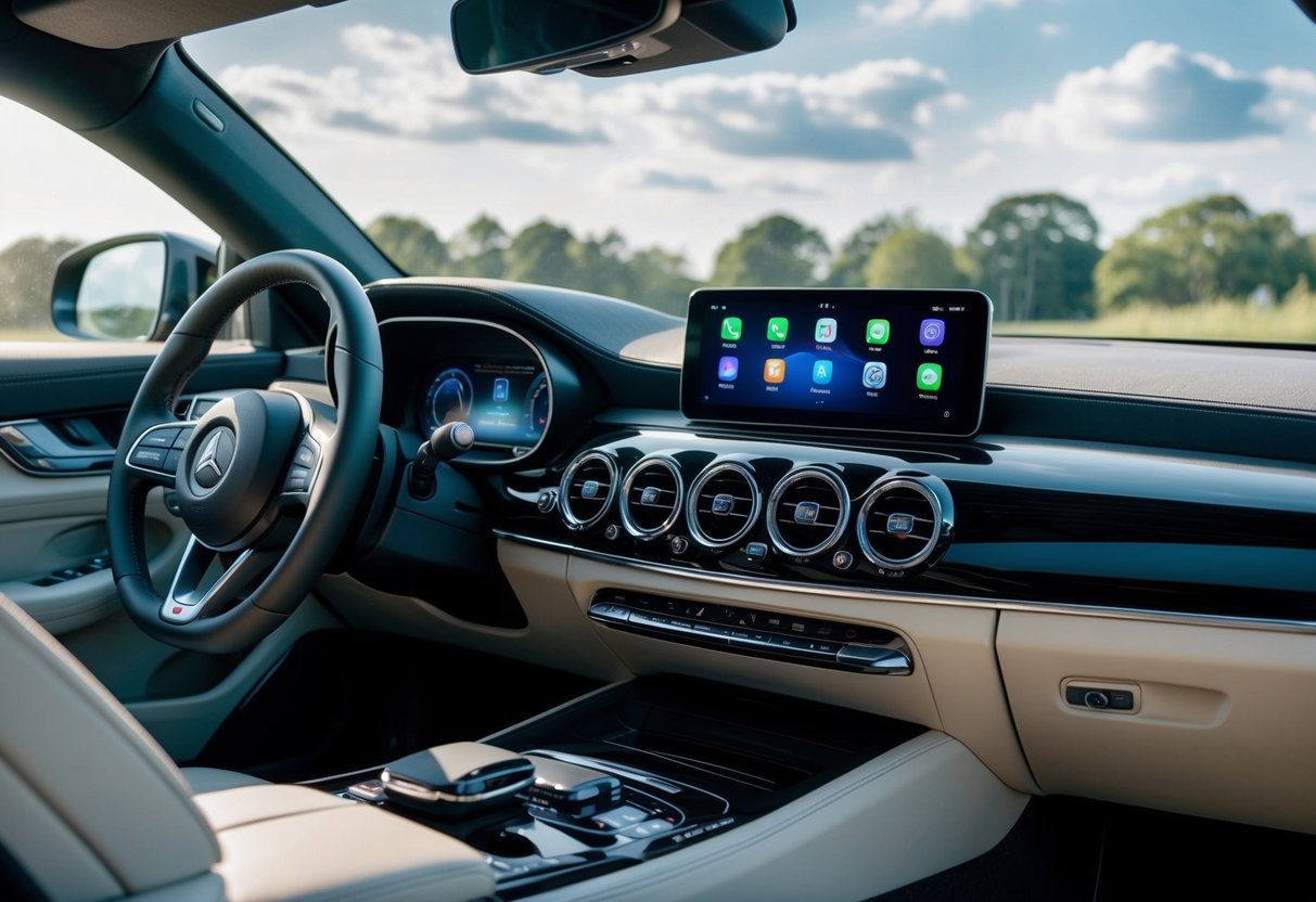 A sleek, modern car interior with a state-of-the-art audio system and various music gadgets integrated seamlessly into the dashboard and console