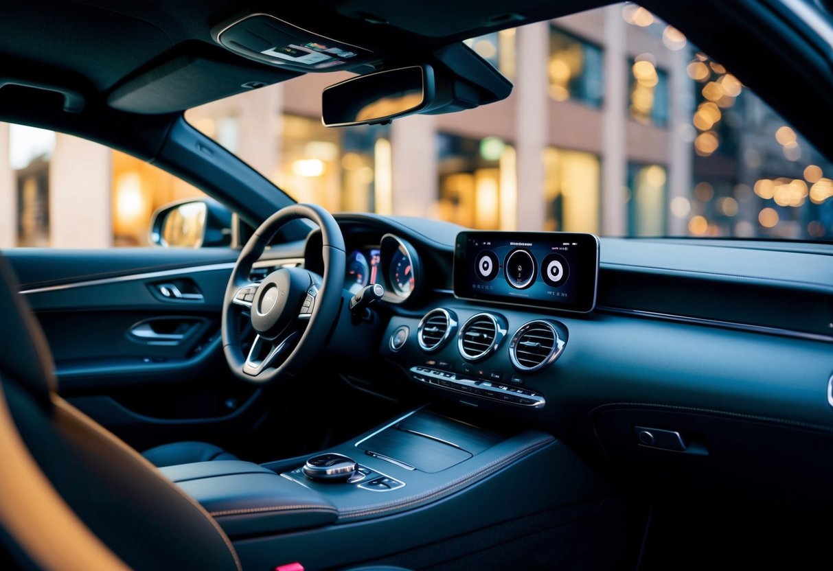 A sleek car interior with high-tech sound system gadgets and speakers, creating a modern and immersive music experience for enthusiasts