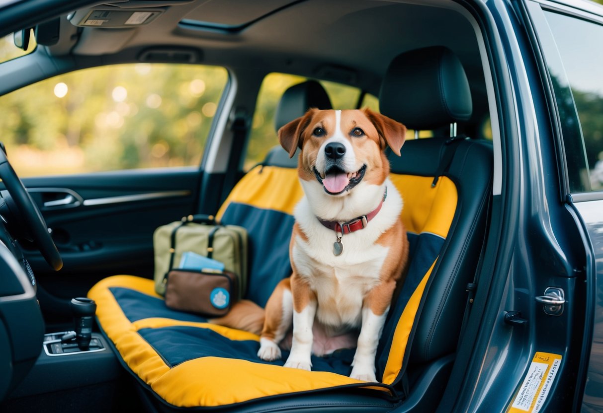 A dog comfortably seated in a car with a protective cover, surrounded by travel essentials and accessories for a safe and enjoyable journey