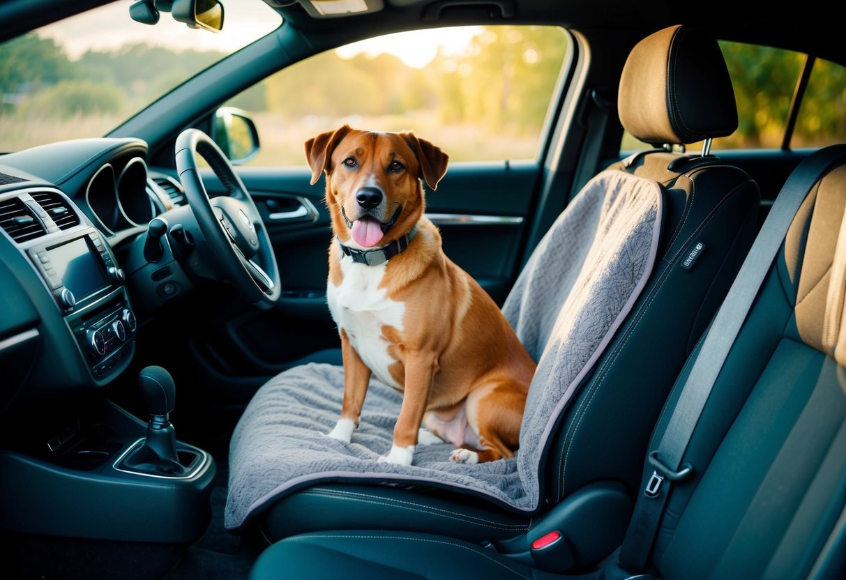 A dog sits comfortably in a car seat with a cozy blanket, surrounded by innovative pet travel gear