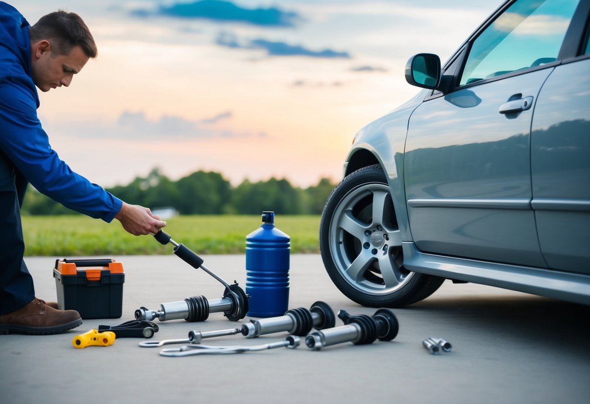 A car parked on a level surface with a toolbox nearby. A person is replacing suspension components with new parts. Tools and old parts are scattered on the ground