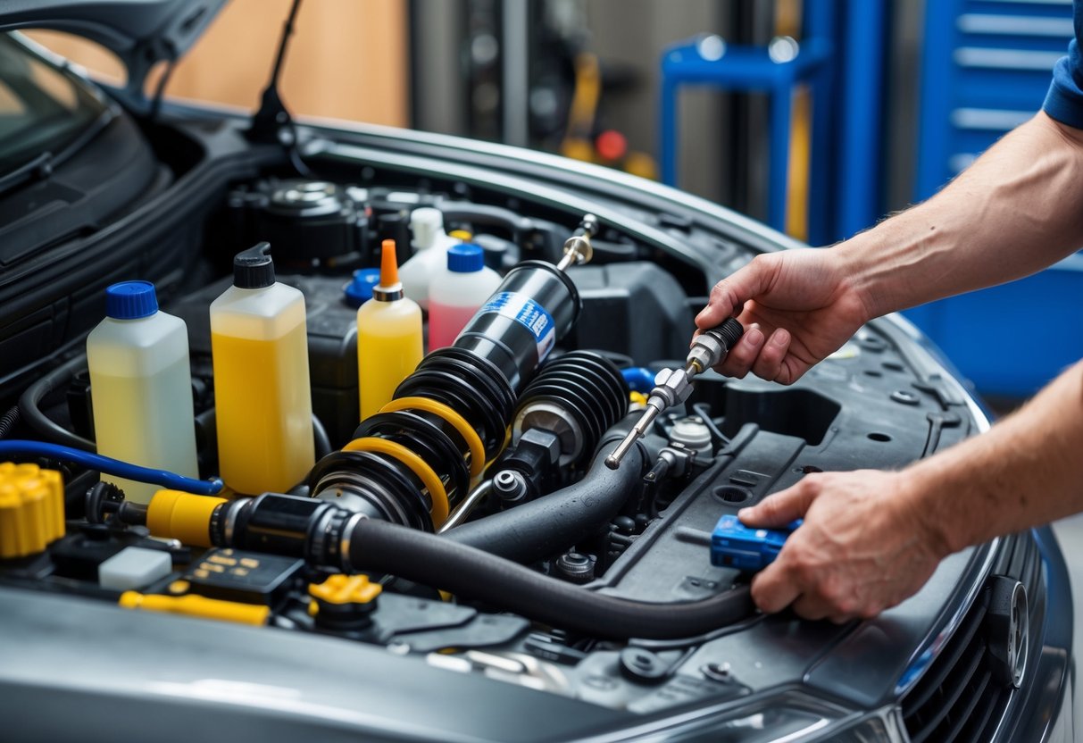 A car's suspension system being maintained with various fluids and tools, with a focus on DIY tips and tricks to extend its life