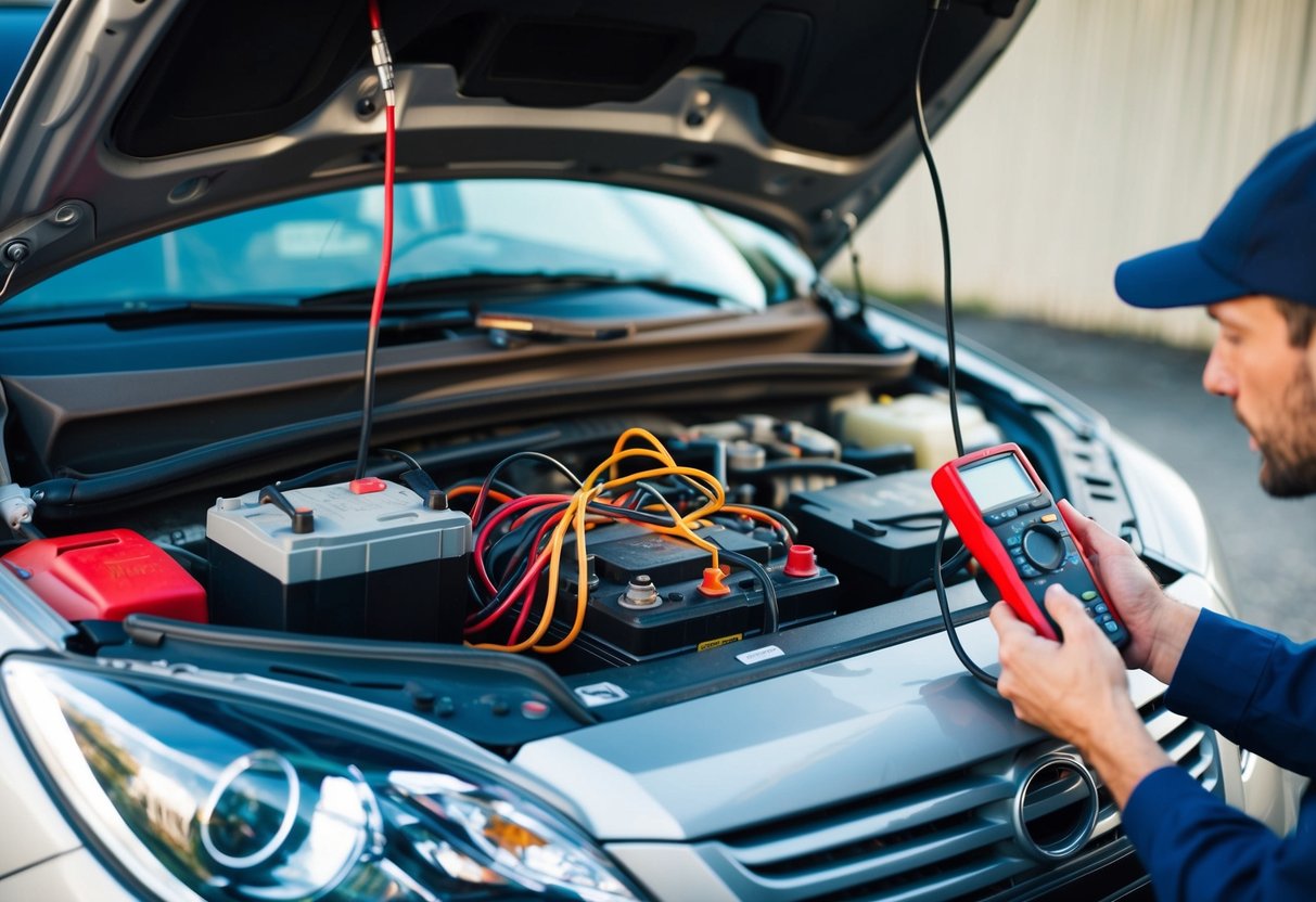 A car hood open, revealing a tangle of wires and a battery. A mechanic holds a multimeter, testing the electrical system
