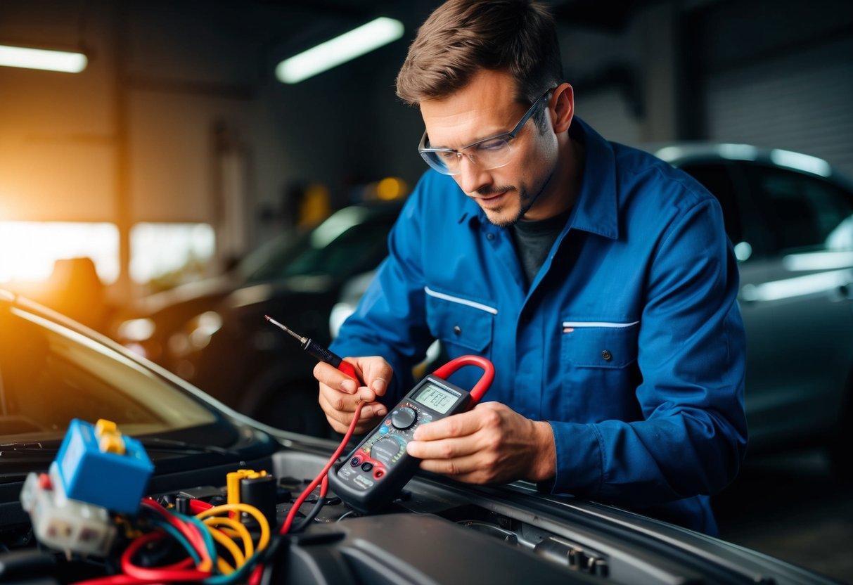A mechanic using a multimeter to test car fuses and relays in a dimly lit garage