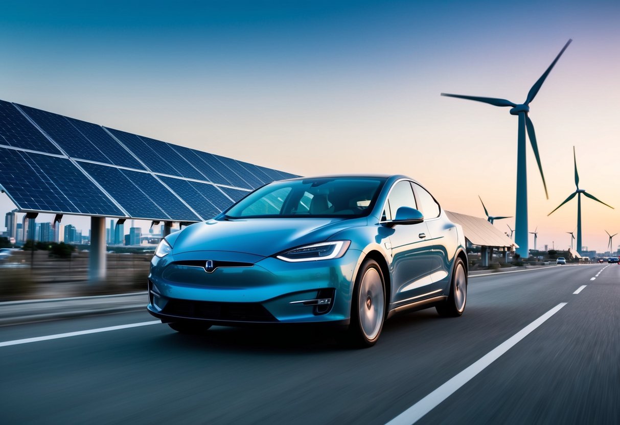 A sleek electric car drives through a bustling city, passing by solar panels and wind turbines, symbolizing the shift towards sustainable automotive policies