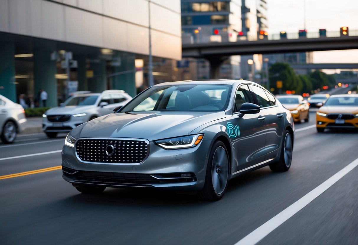 A sleek car equipped with advanced sensors and cameras navigates through traffic, effortlessly avoiding potential collisions