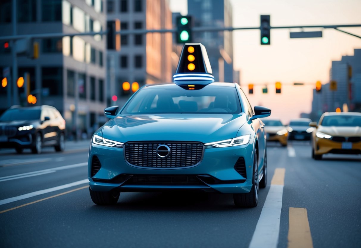 A futuristic car communicates with traffic lights, other vehicles, and pedestrians using advanced V2X technology, enhancing safety on the road