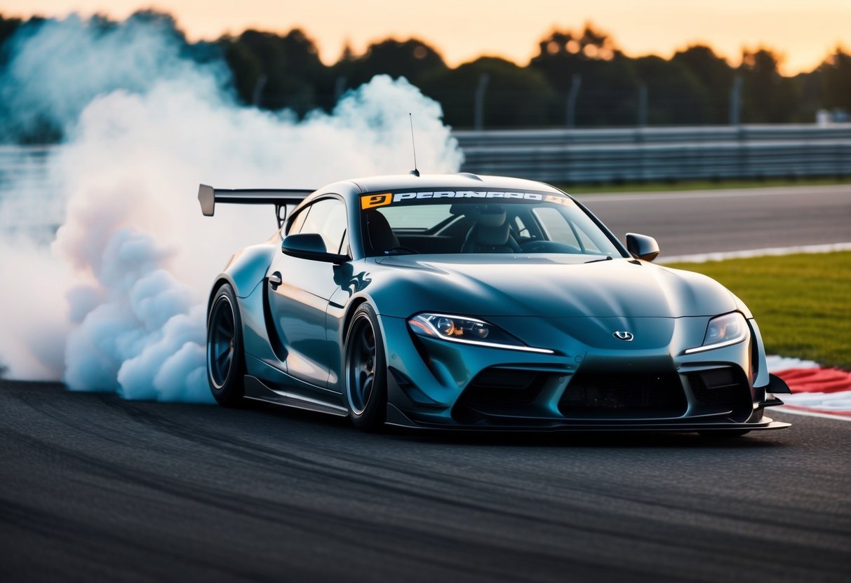 A car with an upgraded exhaust system, emitting smoke and showing improved speed and power on a race track