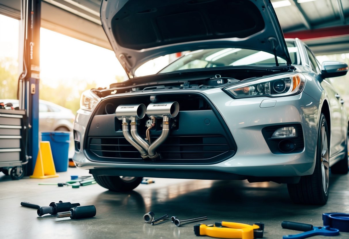 A car parked in a garage with the hood open, showing the installation of high-flow catalytic converters on the exhaust system. Tools and parts scattered around the car