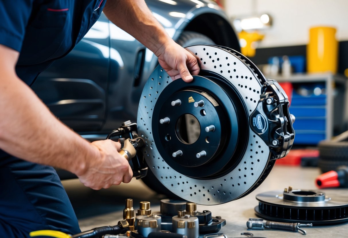 A mechanic installing high-performance brakes on a car, surrounded by tools and parts, with a focus on the brake calipers and rotors