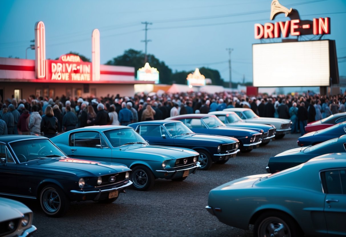 Classic cars lined up at a drive-in movie theater, surrounded by vintage neon signs and a bustling crowd