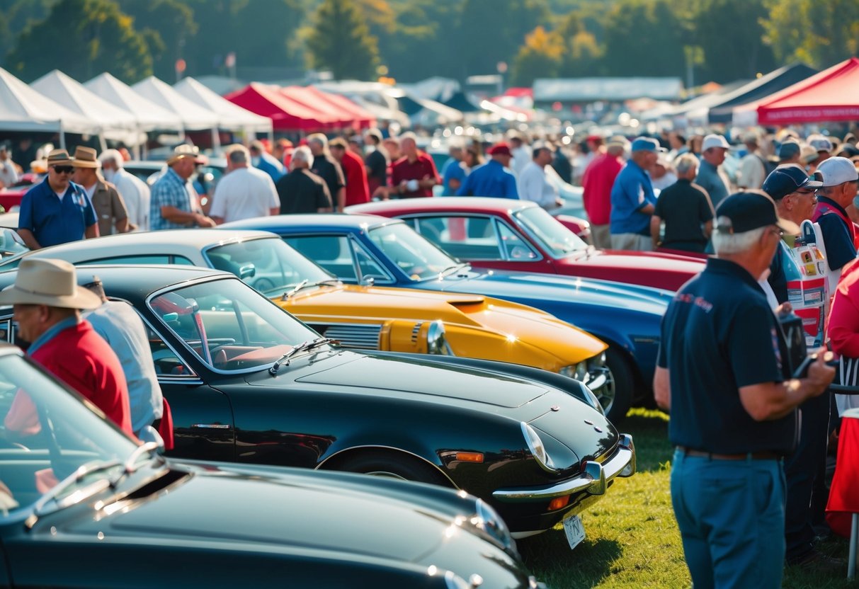 A bustling car show with vintage vehicles lined up, spectators admiring the shiny exteriors, and vendors selling automotive merchandise