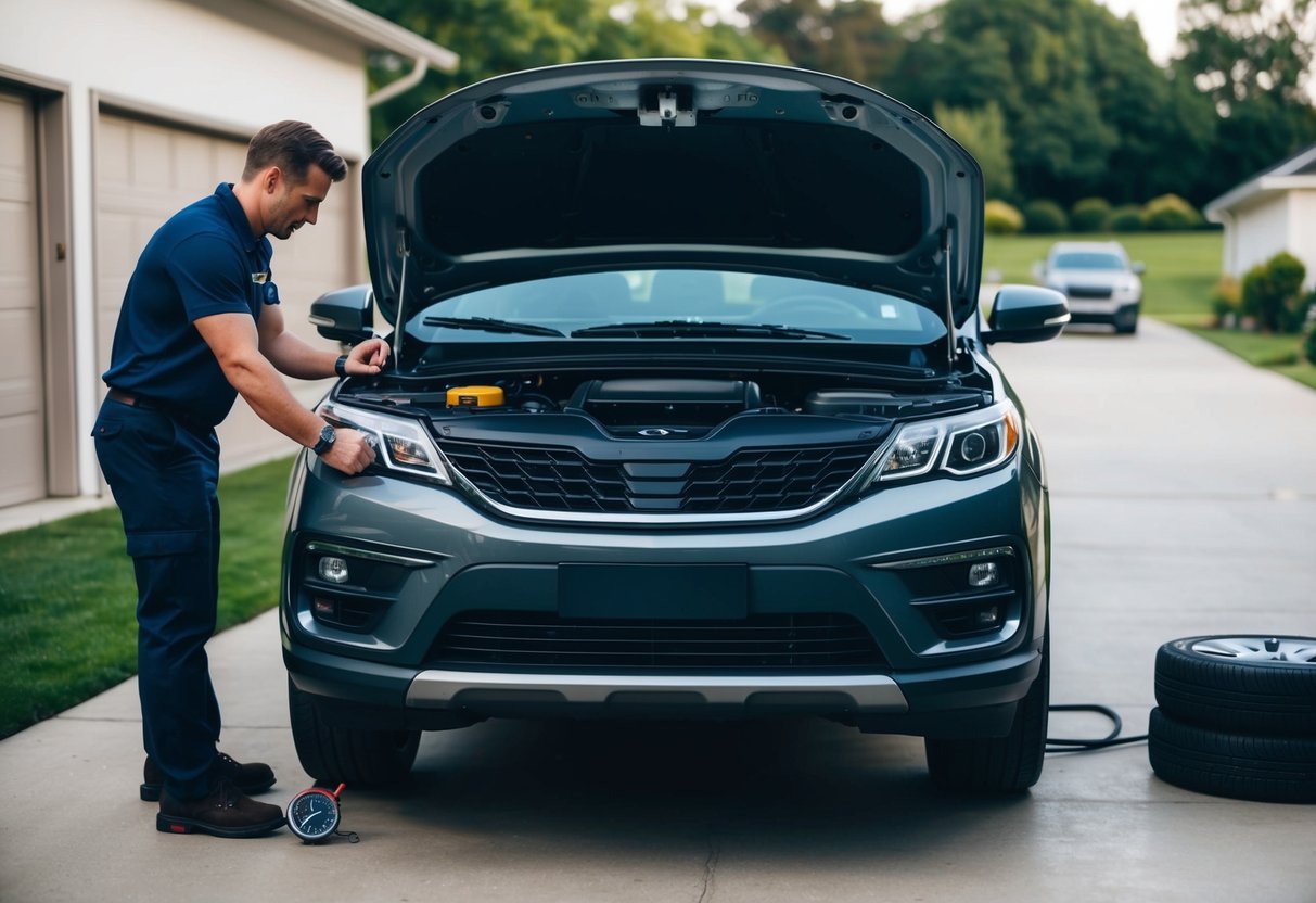 A vehicle parked in a driveway, with the hood open and a person inspecting the engine and checking the tires with a pressure gauge