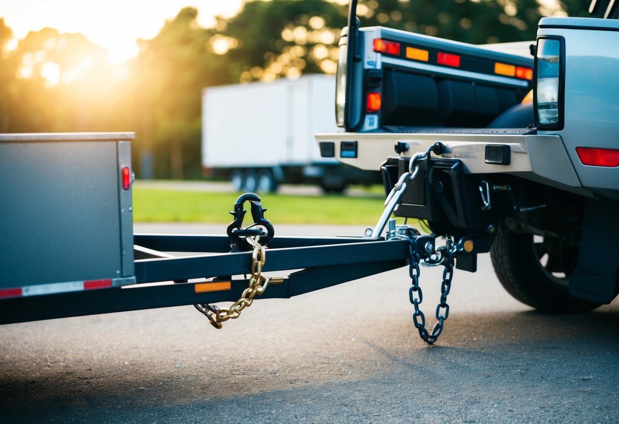 A vehicle hitched to a trailer, with straps and safety chains secured for towing